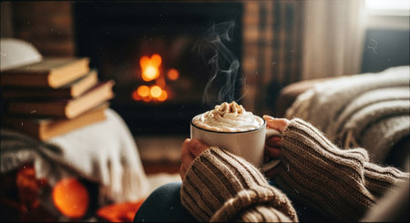 Woman holding a cup of hot chocolate in front of the fireplace.の素材