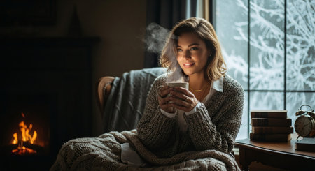 Beautiful woman in a warm knitted sweater is sitting on the windowsill and drinking tea.の素材