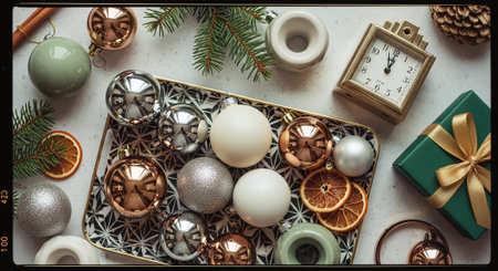 Vintage Christmas and New Year holiday background. Top view, flat layの素材