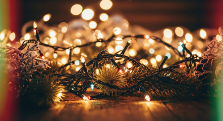 Christmas garland on a wooden background with bokeh lights.の素材