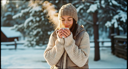 Young woman with cup of hot drink in winter forest. Winter holidays.の素材