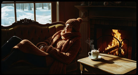 Young woman in warm knitted hat, scarf and mittens sitting by the fireplace at home in winter.の素材