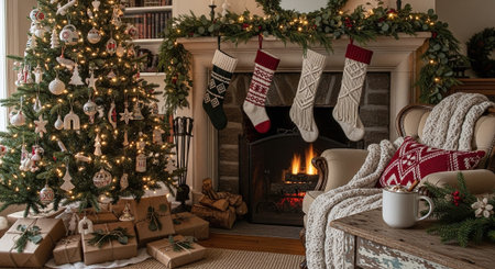 Christmas and New Year cozy living room with fireplace, Christmas tree and giftsの素材