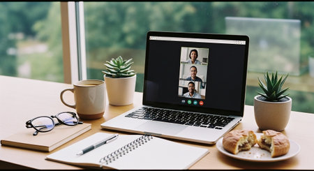 Video call business people meeting on virtual workplace or remote office. Telework conference call using smart video technology to communicate colleague in professional corporate business.の素材
