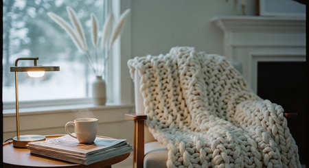 Cozy living room with a cozy armchair, a cup of coffee and a book.の素材