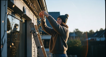 Young woman decorating the window of her house with Christmas lights.の素材