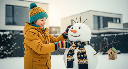 Cute little boy making snowman outdoors in winter. Winter activities for kids.の素材
