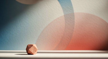 3d rendering of geometric shapes on a white table with colorful backgroundの素材