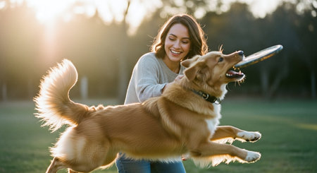 Beautiful woman playing with her golden retriever dog in the parkの素材