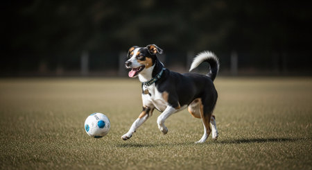 Portrait of a black and white dog playing with a soccer ballの素材