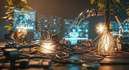 Cyber security concept with glowing light bulbs and electronic devices. 3D Renderingの素材