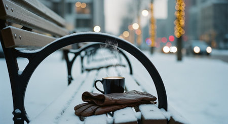 Cup of coffee on a bench in the city. Winter.の素材
