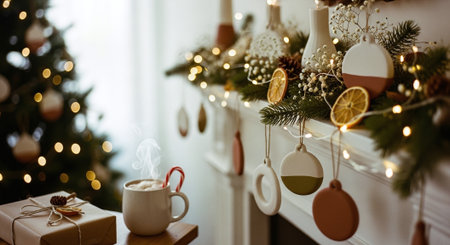 Christmas and New Year decoration. Christmas tree, gifts, cup of coffee and garland.の素材