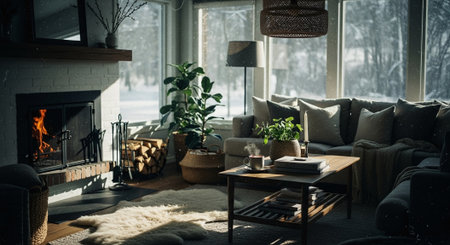 Interior of a cozy living room with a fireplace, sofa, armchair, coffee table and plantsの素材