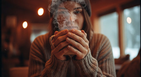 Young woman sitting in cafe with cup of hot drink and smoking cigaretteの素材