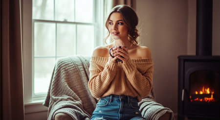 Beautiful young woman sitting in armchair with cup of coffee at homeの素材