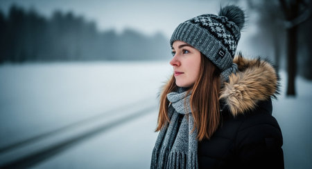 Portrait of a beautiful young woman in winter clothes on the background of a frozen lakeの素材