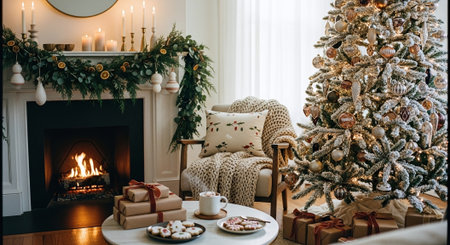 Cozy living room with Christmas tree, fireplace, gifts and candlesの素材