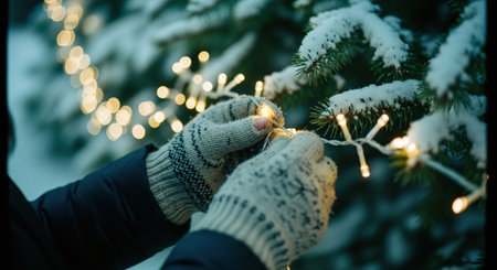 Close-up of a woman's hands in a knitted mittens decorating a Christmas tree with garlandの素材