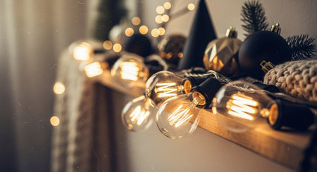 Christmas Decorations and Light Bulbs on Rustic Wooden Background.の素材