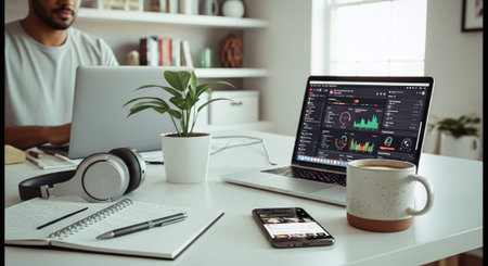 Cropped view of man using laptop and smartphone while sitting at table in officeの素材