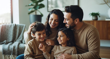 happy family hugging and looking at each other while sitting on sofa at homeの素材