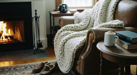 Cozy living room with comfortable armchair, coffee cup and knitted plaidの素材