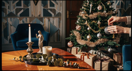 Woman decorating Christmas tree with baubles, candles and presentsの素材