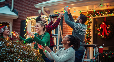 Merry Christmas and Happy Holidays! Cheerful young people in sweaters and scarves are having fun on the porch of their house.の素材