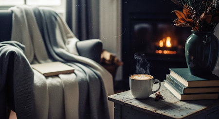 Coffee cup and book on the table in front of fireplaceの素材