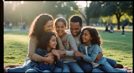 Happy family. Mother, father and children sitting in park and smilingの素材