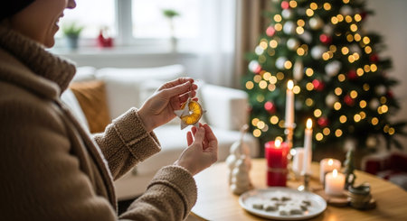cropped shot of woman holding bottle of perfume near christmas treeの素材