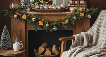 Cozy Christmas living room with christmas tree, fireplace and presentsの素材