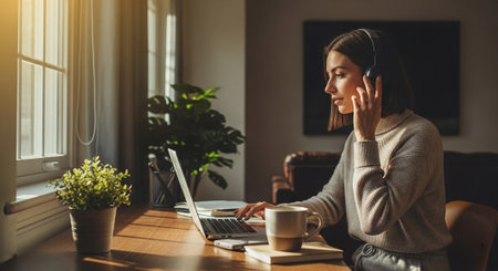 Young woman in headphones listening to music and working on laptop at homeの素材