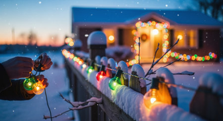 Christmas lights on a fence in the background of a house with a garlandの素材