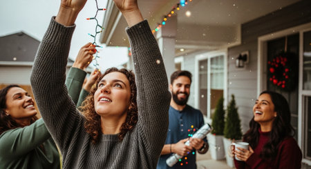 Group of young people celebrating Christmas and New Year at home, having funの素材