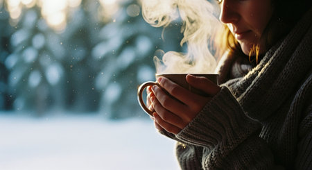 Woman in warm sweater with cup of hot drink in winter forest.の素材