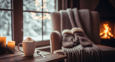 Cup of hot cocoa with marshmallow on wooden table in cozy living room with fireplace and knitted warm plaid. Cozy winter evening at homeの素材