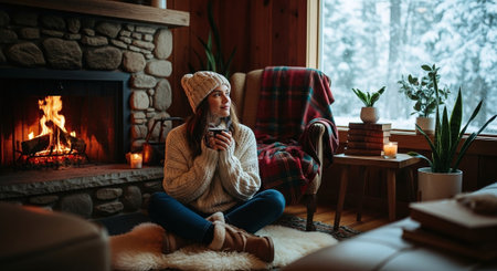 Beautiful young woman in a warm knitted sweater and hat sitting on the floor near the fireplace and drinking coffee at home.の素材