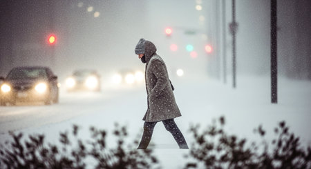 A young man in a gray coat walks along the road in heavy snowfall.の素材