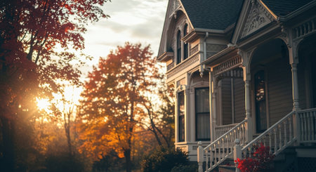Beautiful old house at sunset in the fall. Vintage tone.の素材