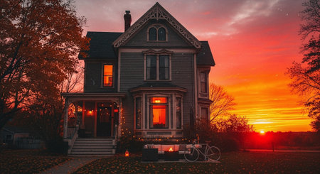 Beautiful sunset over a country house in the fall. Vintage style.の素材