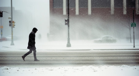 Man walking on the street during heavy snowfall in wintertime.の素材