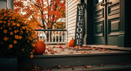 Welcome Home Sign on the porch of a house with pumpkins and autumn leavesの素材