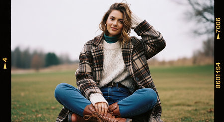 attractive young woman in coat and jeans sitting on bench in autumn parkの素材