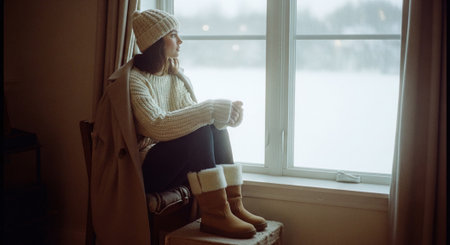 Young woman sitting on a window sill in winter clothes and looking out the windowの素材