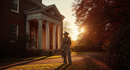 Beautiful woman standing in front of her country house at sunset.の素材