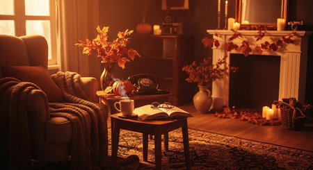 Cozy autumn home interior. Cozy living room with fireplace, sofa, armchair, book, cup of hot drink and autumn leaves.の素材