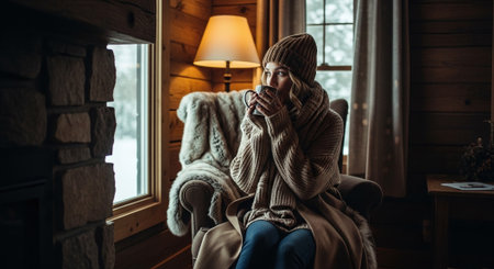 A girl in a warm sweater and a knitted hat is sitting in an armchair by the window.の素材