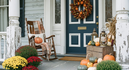 Decorated porch with pumpkins, chairs and other decorations.の素材